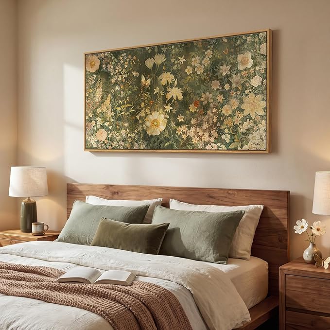 Large Framed Vintage Floral Wall Art for Living Room, Rustic Retro Botanical Canvas Painting Prints, Antique French Garden Flower Pictures for Farmhouse Bedroom Dining Room Wall Decor, 30x60 Inch