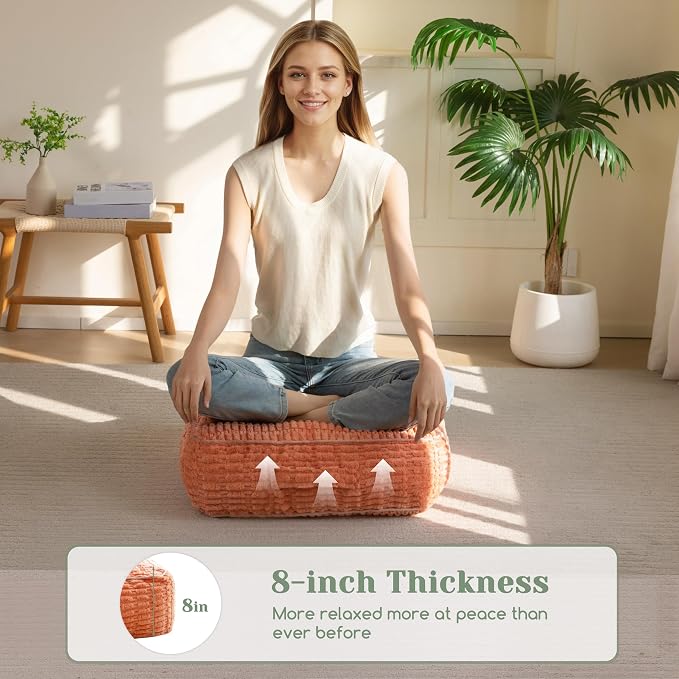 HIGOGOGO 8" Floor Pillow Cushion for Adults, Meditation Cushion Pillow, Blended Corduroy Cover, Large Square Floor Sitting for Tatami Living Room or Yoga, 22x22 Inch, Coral