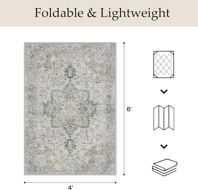 GENIMO Outdoor & Indoor Area Rug 4'x6', Waterproof, Non-Shedding, Easy Cleaning, Abstract Front Door Mat for Patio, Entryway, Porch, Living Room, Bedroom, Bathroom, Outside Carpet, Light Grey