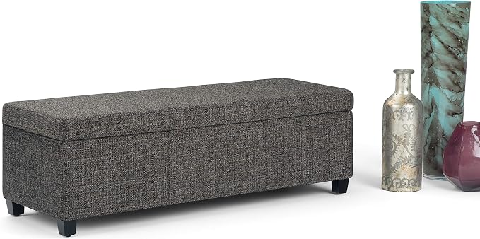 SIMPLIHOME Avalon Storage Ottoman Bench - 48" Wide x 16" High Upholstered Tweed Look Fabric Rectangular Lift-Top Ottoman in Dark Grey, Contemporary Storage Bench for Living Room with High-Density Foam