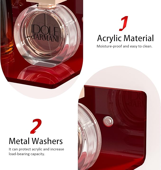 Sezanrpt 15 Inches Red Acrylic Shelves, Wall Mounted Shelves for Bedroom, Wall Display Shelves for Collectibles, Funko Pop, Speaker, Plants, 2 Pack