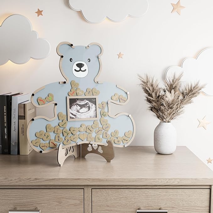 The Real Bossy Baby - Large Teddy Bear Guest Book Frame Keepsake for Baby Shower - Gender Reveal - Birthday - Premium Wood Shadow Box Display - Unique Gift Idea - Personal Nursery Decor - Ultrasound Frame - We Can Bearly Wait Theme - Includes Wooden He...
