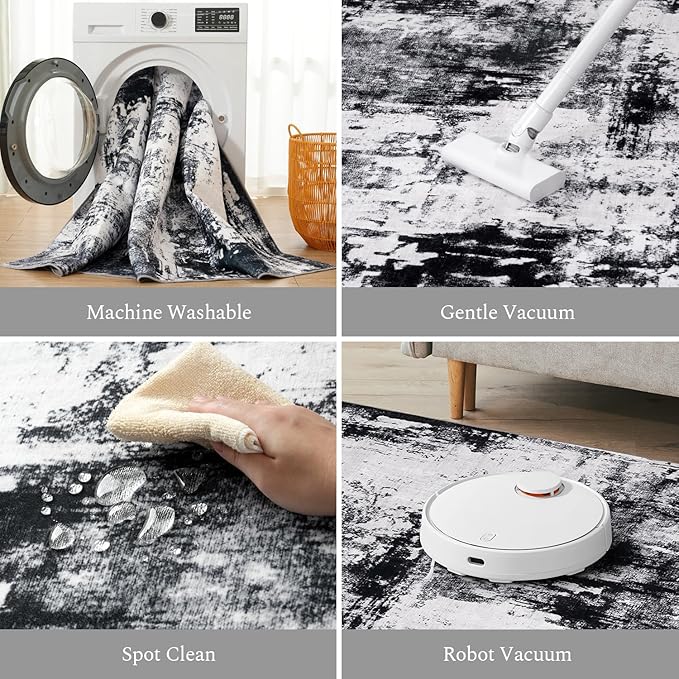 Rugflix 5x7 Area Rugs for Living Room, Washable Large Rug Stain-Resistant Low Pile, Modern Dark Carpet for Dining Room Home Office Kid Room Nursery Bedroom, Black Grey