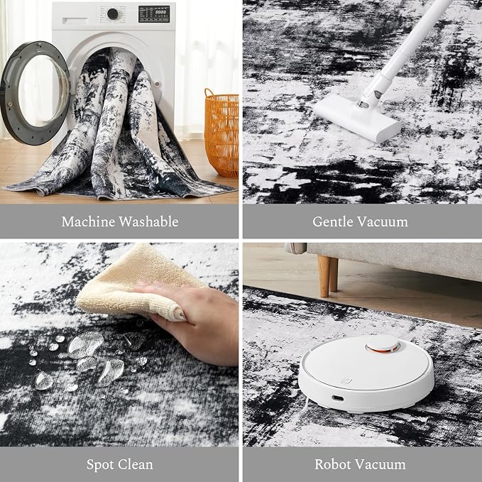Rugflix 10x12 Area Rugs for Living Room, Black Grey Large Rug Stain-Resistant Low Pile, Big Washable Dark Carpet Non-Slip for Bedroom Dining Room Home Office Nursery Room