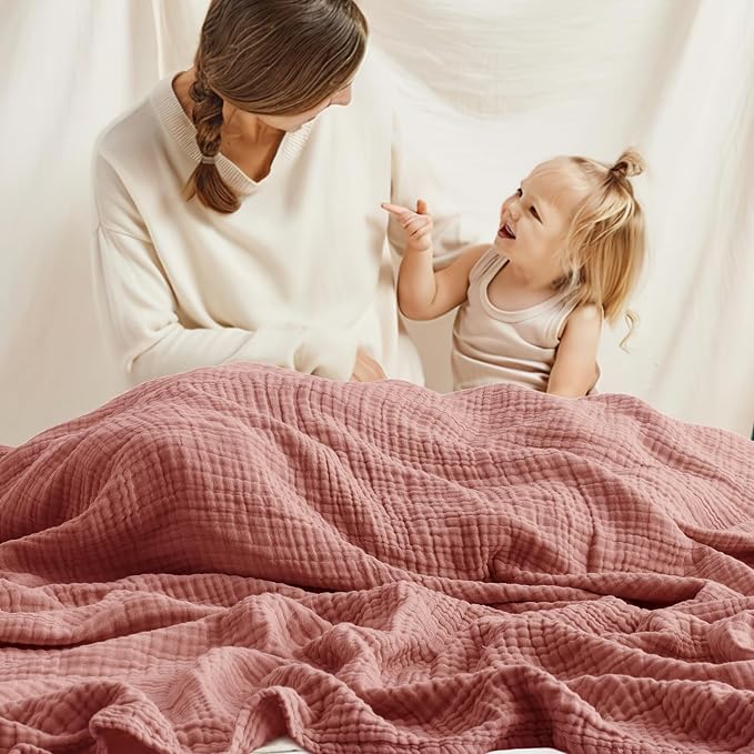 Carriediosa 100% Cotton Muslin Throw Blanket 70" X 80" Twin Size，4-Layers Summer Gauze Throws for Bed Couch，Soft Lightweight Breathable Linen Blankets Bedspread for Adults All Season，Mauve