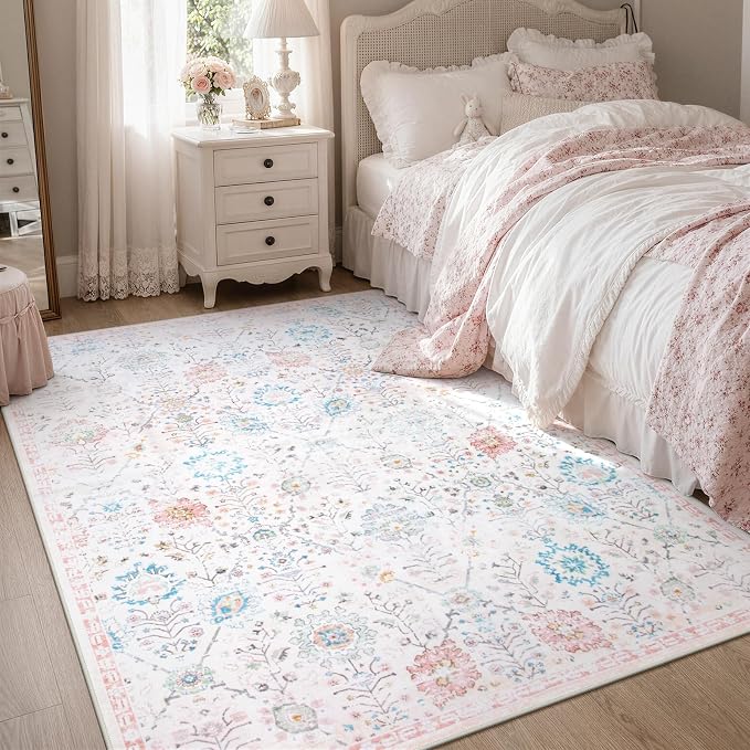 Lahome Flavie Nursery Rug 5x7, Soft Washable Floral Dorm Rug, Non Slip Low Pile Carpet for Bedroom, Kids Room, Nursery, Dorm Room and Classroom Decor, Beige