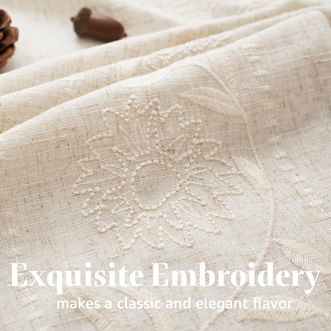 jinchan Winslow Linen Kitchen Curtains 24 Inch Length Small Window Curtains Embroidered Bordered Floral Drapes Light Filtering for Bathroom Laundry Room Farmhouse Decor White on Beige 2 Panels