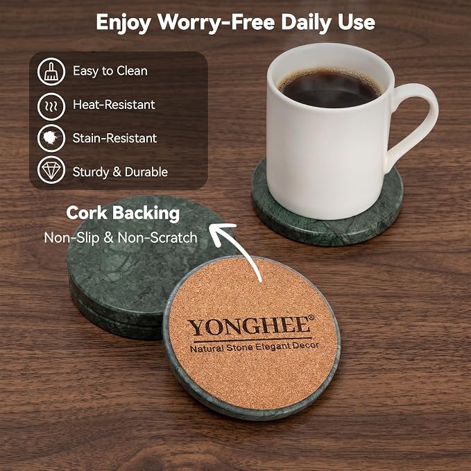 Dark Green Marble Coasters Set of 4 with Holder, Luxury Drink Coaster for Coffee Table, 4" Round Polished Verde Stone Coaster with Intricate Veins – Heat Resistant, Non-Slip, Housewarming Gift