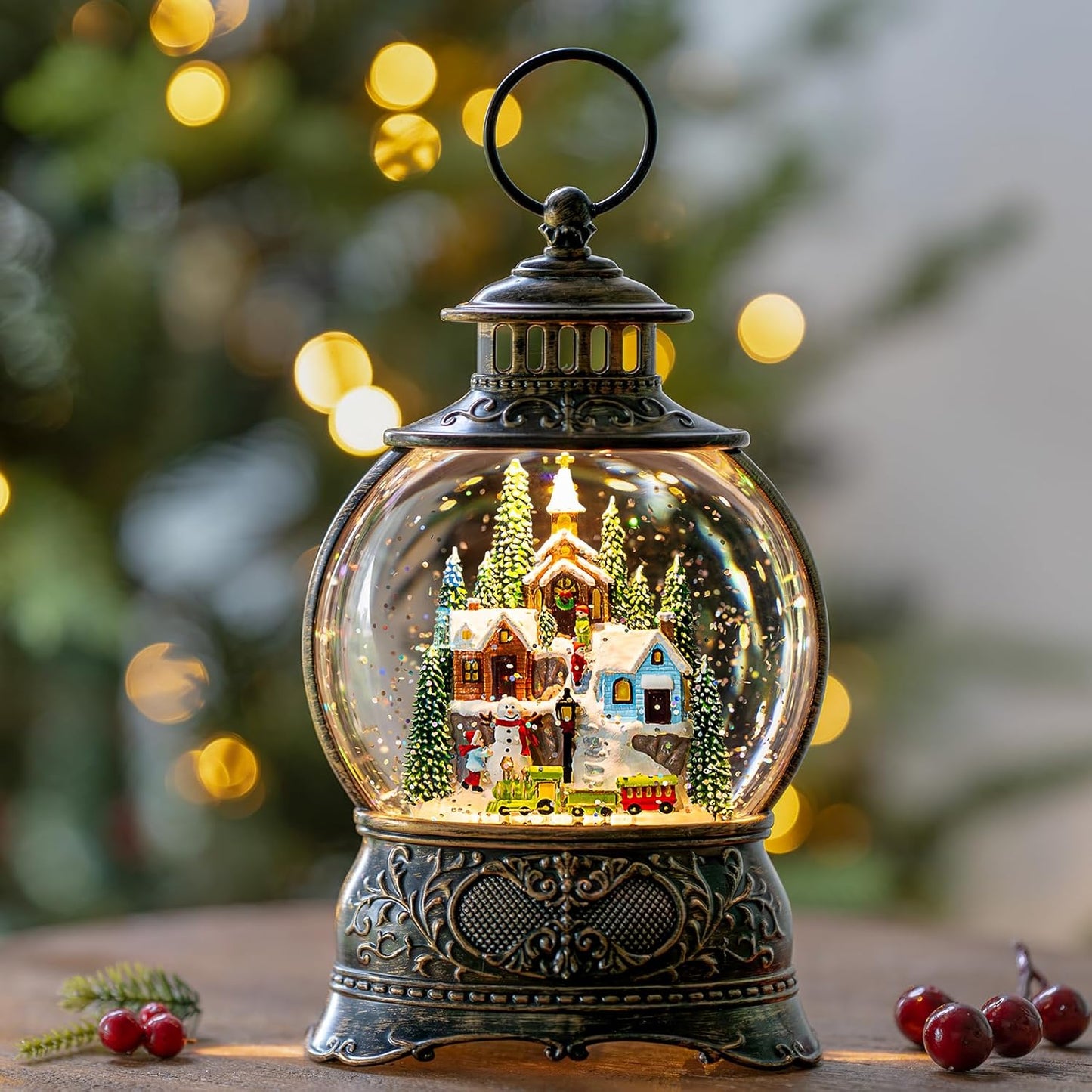 Christmas Snow Globes Christmas Water Lantern with Snowy Train Snowman, Music & 6H Timer, USB Lined/Battery Operated Lighted Lanterns for Xmas Festival Decoration Gifts