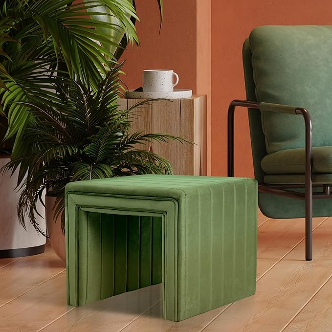 HomePop Modern Channel Tufted Velvet Ottoman|Homepop Home Décor|Ottoman for Living Room & Bedroom - Green