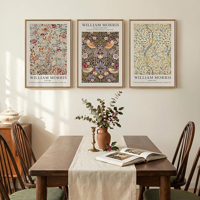 Large Framed William Morris Wall Art Set of 3, Vintage Strawberry Thief Canvas Artwork for Walls, Rustic Botanical Floral Art Prints for Living Room, Bedroom, Dining Room, Hallway, Office Wall Decor, Total Size 30x60 In