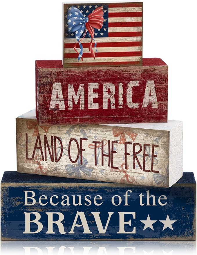 CroBlissful 4 Pcs 4th of July Decorations Patriotic Memorial Day Tabletop Decoration Red White Blue Table Centerpieces 250th Anniversary Wooden Fourth of July Sign for Office Tiered Tray Home Shelf