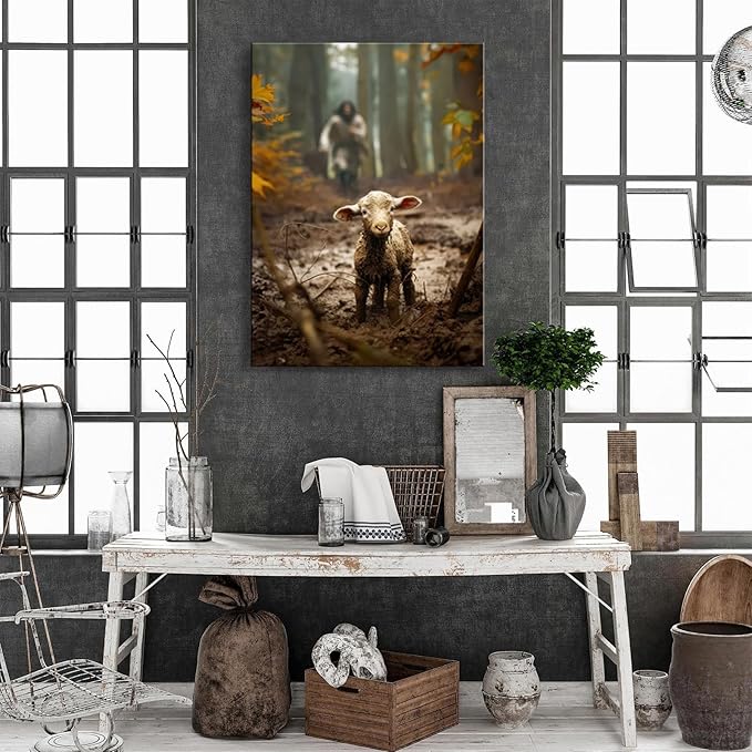 Large wall art for living room Jesus Running After Lost Lamb Picture for home decor Jesus wall decor for prayer room Baptism gifts for boys-girl serenity prayer Religious canvas wall prints .(24"X36") A-397