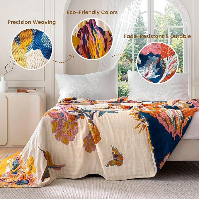 MSGKV Boho Throw Blanket for Couch and Sofa 50"x60" Cotton Throw Cover for Living Room with Floral and Butterfly, Summer Breathable&Lightweight Blanket