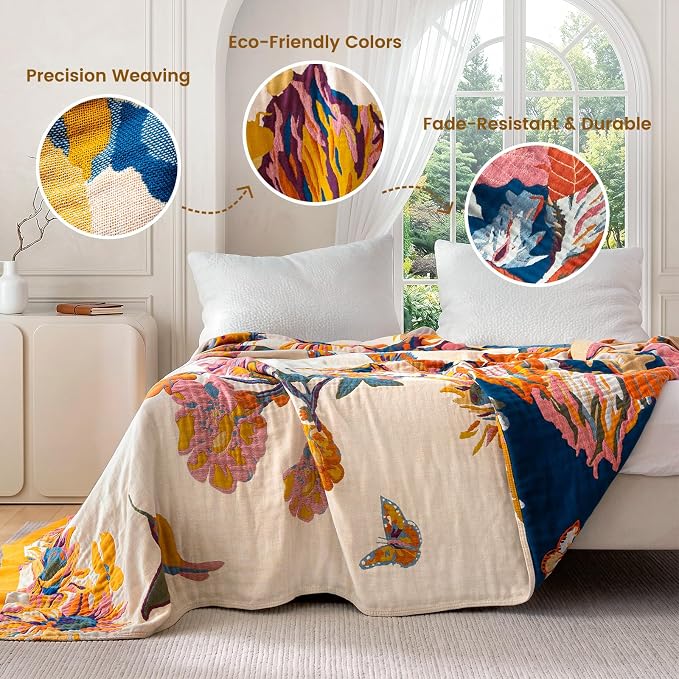 MSGKV 100% Cotton Throw Blanket for Bed Couch Fall 90''x 98'' Super Soft Muslin Blankets Warm Boho Quilt Lightweight Farmhouse Decorative Bed Blankets