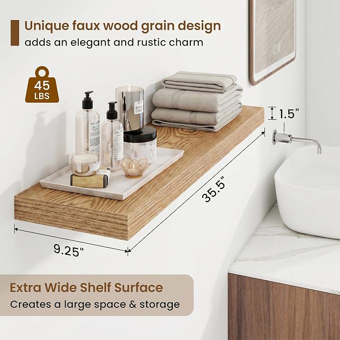Marsmiles 36in Floating Shelves for Wall, 36" W x 9.25" D x 1.25" H, 2 Pack Long Wall Mounted Engineered Wood Shelves with Invisible Brackets for Living Room, Bedroom, Bathroom, Kitchen, Cedar