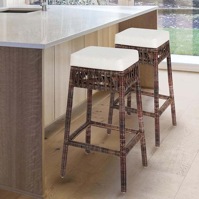 JONATHAN Y Bali 29.5" Woven Rattan Backless Bar Stool with Cushion, Bohemian Dark Brown Stool with Footrest for Kitchen Island, Home Bar, and Dining Room BSL1100A