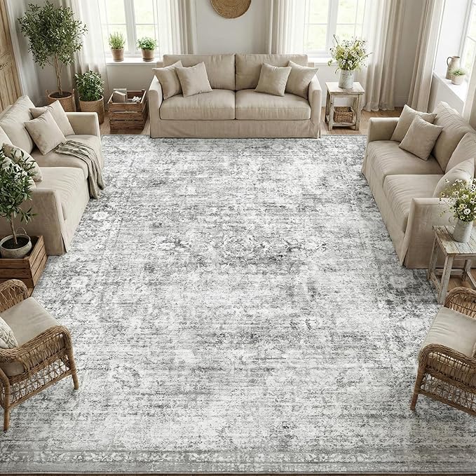 Homemate Washable Rug 9x12 Area Rugs - Vintage Faux Wool Rugs for Living Room Bedroom Dining Room - Non Slip Foldable Carpet Indoor Area Rug for Home Decor（9'x12', Grey