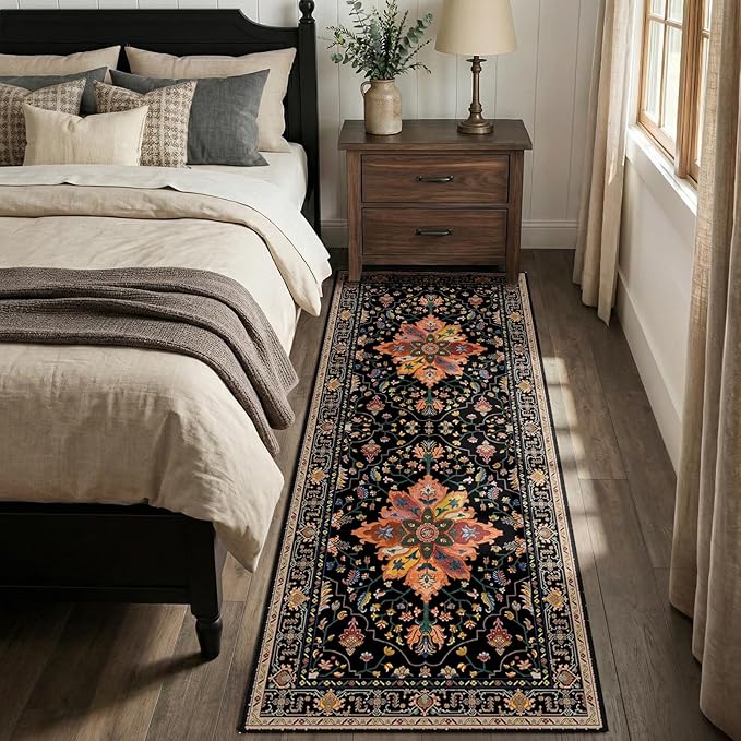 RELEANY Area Rugs 2'6''x5' Runner Rug Non Slip Washable for Kitchen Hallway Bedroom Beside Laundry Room Bathroom Rug, Floor Carpet, Black Colorful Floral Dark Tan