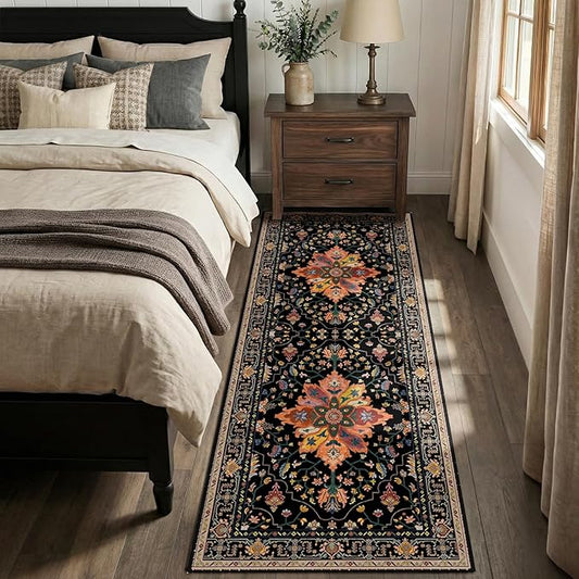 RELEANY Area Rugs 2'6''x5' Runner Rug Non Slip Washable for Kitchen Hallway Bedroom Beside Laundry Room Bathroom Rug, Floor Carpet, Black Colorful Floral Dark Tan