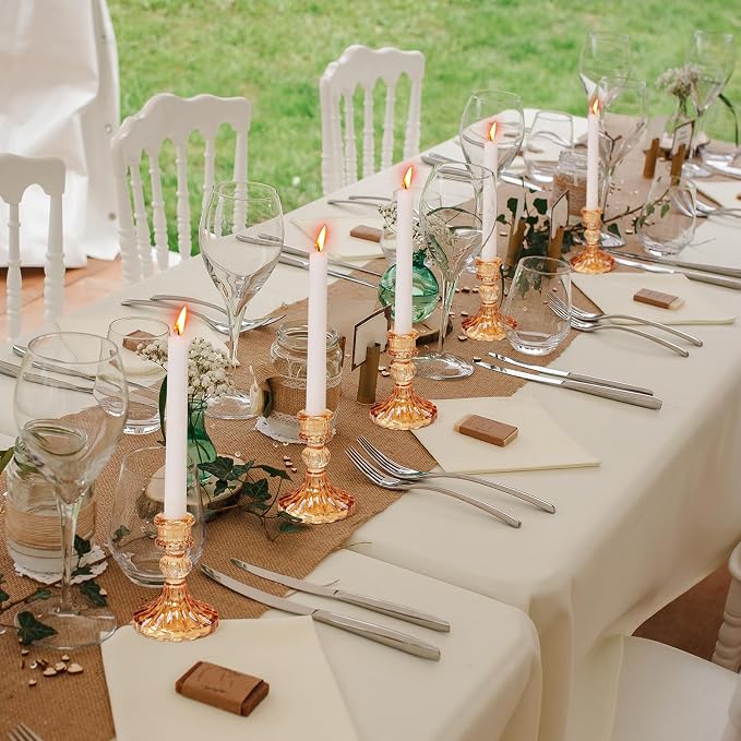 Suclain 24 Pcs Glass Taper Candle Holder Sets 12 Candlestick Holder with 12 White Long Candles for Wedding Party Decor Dinner Decoration(Amber)
