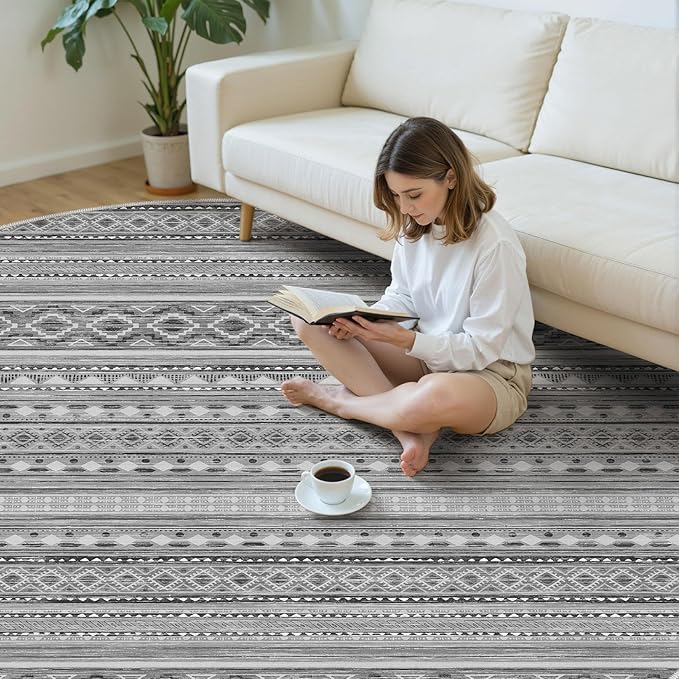 cotiled 8x8 Round Area Rug Living Room: Washable Boho Rugs with Non Slip Backing Large Soft Indoor Stain Resistant Carpet for Bedroom Farmhouse Dining Room Lightweight Home Decor Beige Grey