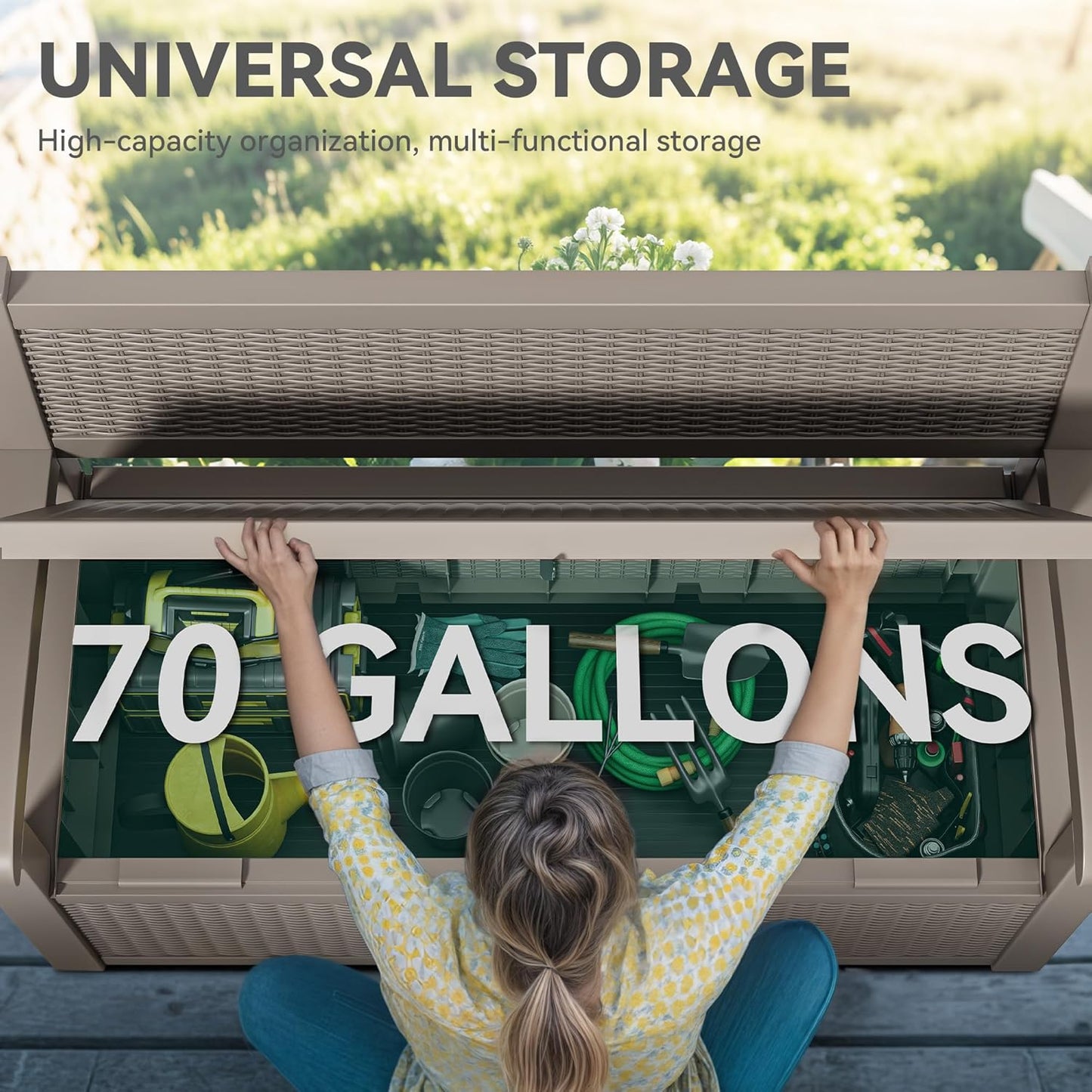 YITAHOME 70 Gallon Storage Bench Deck Box, Lockable Patio Bench, Waterproof Outdoor Pool Deck Storage for Patio Cushions, Garden Tools and Pool Supplies, Light Brown