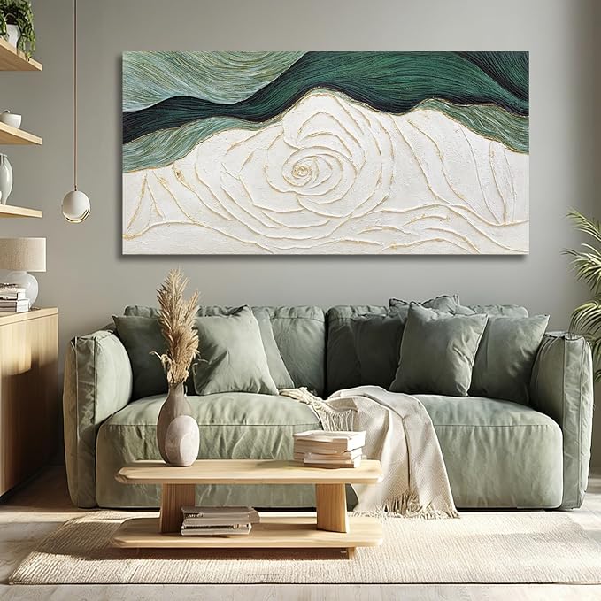 Dolidoteart Canvas Wall Art, Green Abstract Wall Art Print with Textured Hand-Painted Look, Sage Green Cream Gold Horizontal Artwork for Office Living Room Bedroom, 24x48 Inch