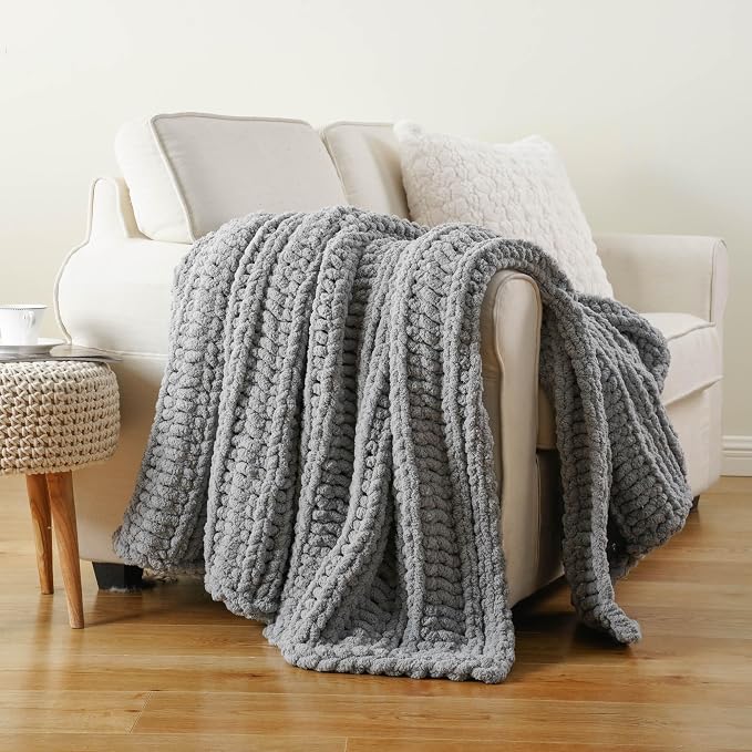 Battilo Chunky Knit Throw Blanket for Couch, 50"x60", Light Grey | Hand Knit with Chunky Yarn, Gift Blanket, Cozy Warm Thick Soft Chenille Throw Blanket for Bed, Sofa, Living Room