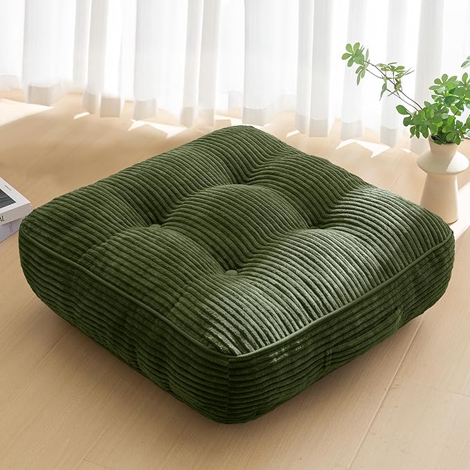 HIGOGOGO 6" Extra Thick Floor Pillow Cushion for Adults, Meditation Cushion Pillow, Large Square Floor Sitting, Tufted Corduroy Cover, for Tatami Living Room or Yoga, 22x22 Inch, Dark Green