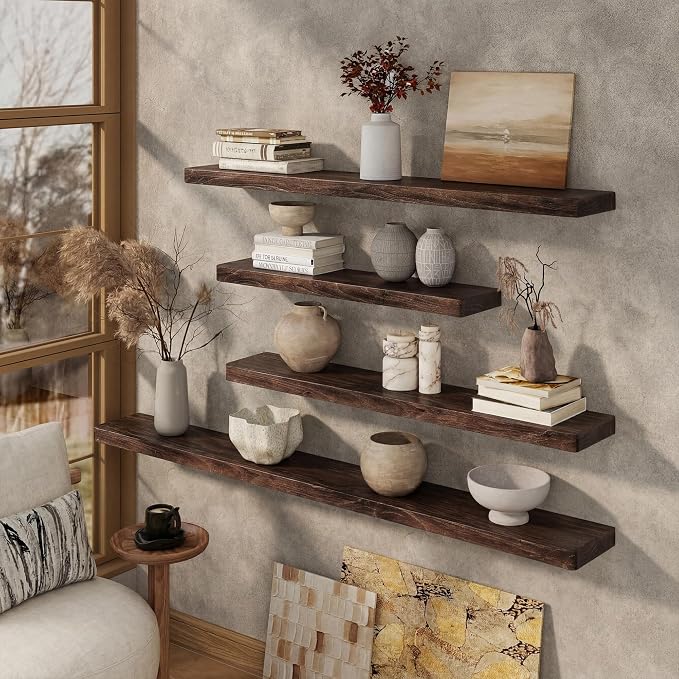 Marsmiles 48 inch Floating Shelves for Wall Solid Elm Wood Wall Mounted Shelves|Rustic Long Floating Shelves with Invisible Bracket for Bathroom Kitchen|Rounded Edge|Walnut, 1 Pack