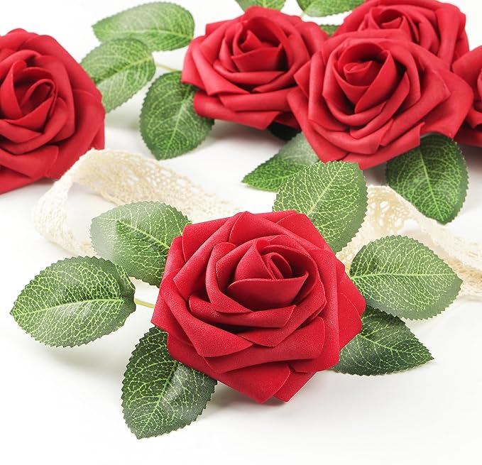 Mocoosy 50 Pcs Artificial Flowers Red Roses Bulk, Real Looking Fake Foam Roses with Stems DIY Wedding Bouquet Floral Arrangement Bridal Shower Centerpieces Mother's Day Party Home Table Decorations