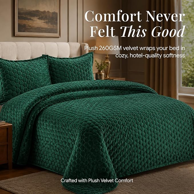 Tribeca Living Lugano Oversized Velvet Quilt Set - All Season, Extra Large, 3 Piece King Size Comforter Set with 2 Pillow Shams in Teal Honeycomb Pattern 260GSM