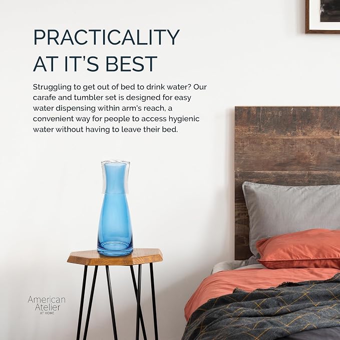 American Atelier 33 oz Bedside Water Carafe with Tumbler – 9" Glass Pitcher with Cup Lid for Nightstand, Guest Room & Office, Smooth Glass Design, Functional & Stylish Drinkware (Blue)