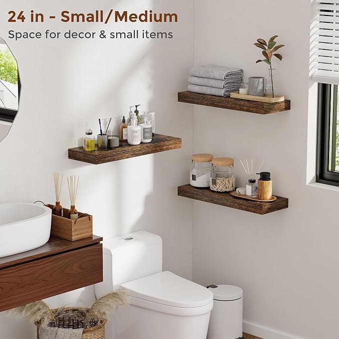 Heimlove 28 Inch Floating Shelves for Wall Rustic Brown Shelves Set of 2,Wall Mounted Rustic Wood 8 Inch Deep Floating Shelf with Invisible Brackets for Bedroom Kitchen Living Room