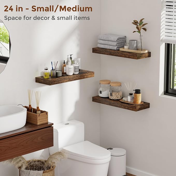 Heimlove 24 Inch Floating Shelves for Wall Rustic Brown Shelves Set of 2,Wall Mounted Rustic Wood 8 Inch Deep Floating Shelf with Invisible Brackets for Bedroom Kitchen Living Room