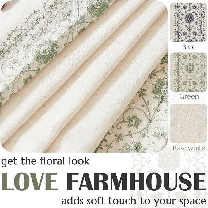 jinchan Small Window Curtains 45 Inch Length Linen Cafe Curtains for Kitchen Bathroom Bordered Floral Embroidered Short Drapes Rustic Farmhouse Light Filtering Curtain Set 2 Panels Green on Beige