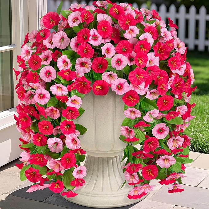 INXUGAO Artificial Fake Hanging Flowers Plants for Outdoor Decoration, 2PCS Faux Silk Morning Glory Long Vines Stems UV Resistant Look Real for Spring Summer Outside Home Porch Patio, Red Pink