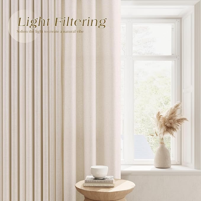 Cream Beige Linen Curtains 90 Inches Length for Living Room Grommet Top Sheer Light Filtering Natural Country Rustic Farmhouse Bedroom Window Curtain 2 Panels Soft Textured Drapes for Office 52x90