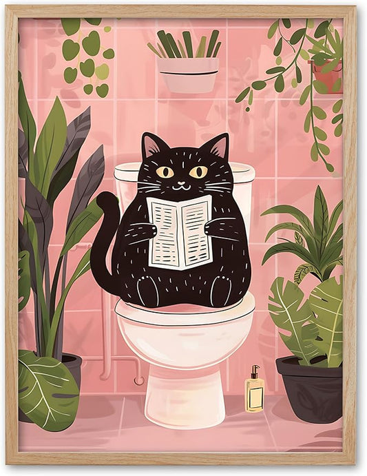 UPWOIGH Beige OAK Framed Wall Art, Black Cat Reading the Newspaper Poster, Wood Canvas Wall Decor,Animals Abstract Prints, 12"x16"High-end Pictures for Bathroom Bedroom,1 Pack