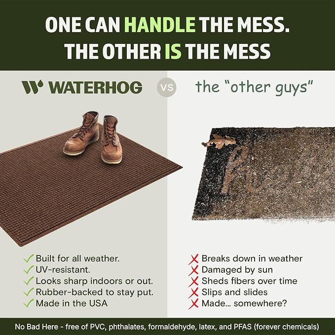 WaterHog Squares Front Door Mat Indoor Outdoor Entrance, Absorbent All-Weather Doormat Non-Slip Rubber Backing, Dirt & Moisture Trapper, Low Profile, Easy Clean, Made in USA, 35.5"x59.5" Dark Brown