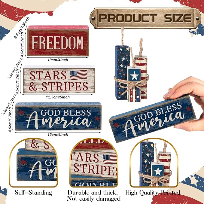 CroBlissful 4 Pcs 4th of July Decorations Patriotic Memorial Day Tabletop Decorations Red White Blue Table Centerpieces Sign for Office Tiered Tray Home Shelf 250th Anniversary(Freedom)