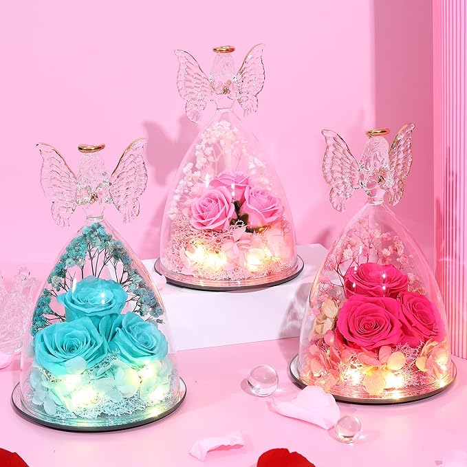 Mothers Day Rose Gifts for Women Preserved Real Flower in Glass Angel Figurines Roses for Delivery Prime Birthday Gifts for Mom Grandma Girlfriend Wife Her - Purple