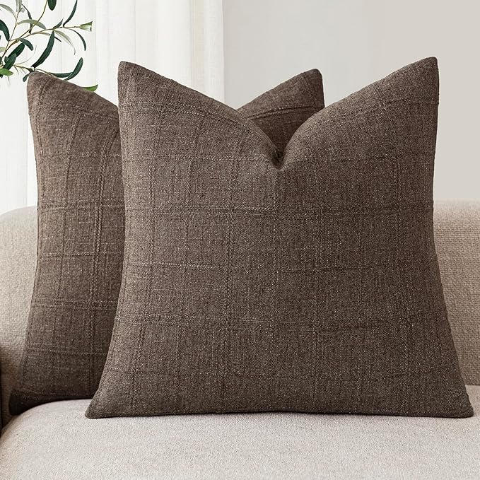 Foindtower Set of 2 Decorative Linen Check Throw Pillow Covers Neutral Farmhouse Vintage Cushion Covers Modern Boho Home Decor for Sofa Chair Couch Bedroom Living Room,20×20 Inch,Dark Brown