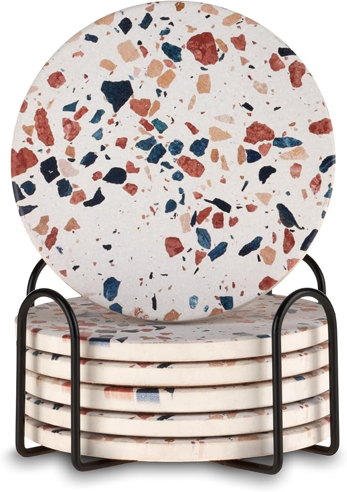 Twine Terrazzo Coasters, Stoneware Coaster Set, White Coasters with Stand, Coffee Table Decor, Set of 6, Multicolor