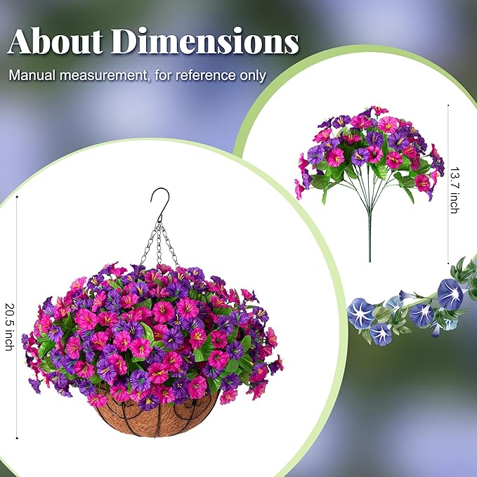 Ammyoo Artificial Fake Hanging Flowers with Basket, Faux Silk Morning Glory Flower Arrangement for Spring Summer Decor, Hanging Plant for Patio Garden Porch Outdoor Decor