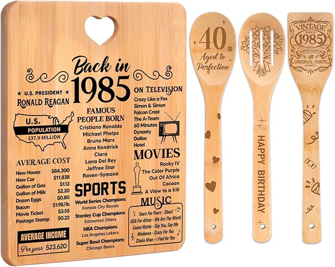 40th Birthday Gifts Women - "Back in 1985" 40th Birthday Gifts Men Cutting Board, Bamboo-Made Engraved "Year 1985 News" 40th Birthday Gifts for Women
