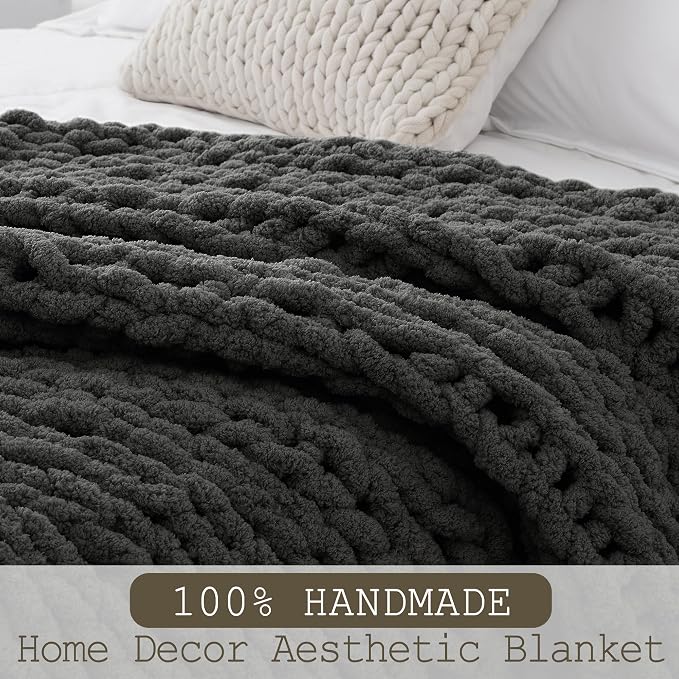 Chunky Knit Throw Blanket 60x80, 100% Handmade Chenille Yarn | 6.7lbs Soft Thick Cable Knitted Blankets, Large Rope Knot Crochet Throws for Couch Sofa Bed Machine Washable, Dark Grey