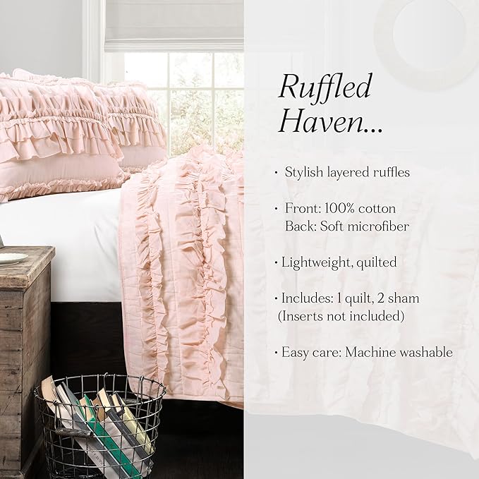 Lush Décor Belle 3 Piece Ruffled Quilt - Pink Blush - Full/Queen Quilt Set