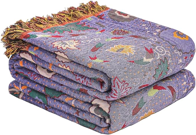 Summer Boho Throw Blanket 90" x 98" 100% Cotton Ultra Soft Breathable Muslin Blanket for Adult 4-Layer Gauze Woven Floral Farmhouse Decor Rustic Quilt for Couch Sofa Gift for Man Woman Purple Flowers